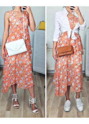 Шифоновое миди платье свободное в цветочный принт оранжевое міді сукня в квітках3 фото