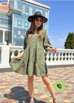 Платье ярусное натуральное в мелкий цветочек фисташкового цвета в стиле зара манго цветочный принт