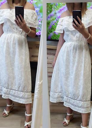 ✅ шикарна і ніжна сукня міді з натуральної тканини прошва, на плечі 100% бавовна one size носити мож
