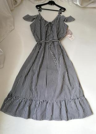Сукня-сарафан довга літня сукня сарафан в смужку з натуральної тканини бавовни котон з воланом по по2 фото