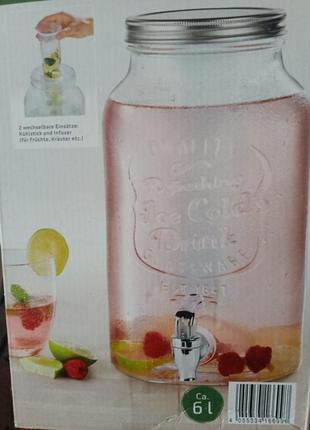 Скляний диспенсер для напоїв ernesto, 6 л. літній графін для лимонада з дозатором 00874 фото