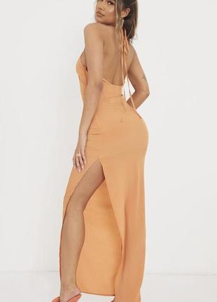 🍑коралловое длинное плетёное платье/нежно оранжевое платье макси на завязках с глубоким разрезом🍑4 фото