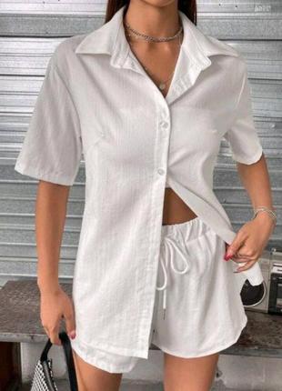 Лляний костюм, шорти + сорочка, комплект з натурального льону, білий2 фото