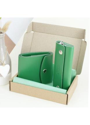 Подарунковий жіночий набір handycover №48 (зелений) гаманець і ключниця1 фото