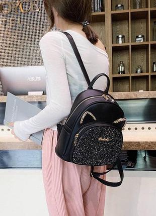 Якісний жіночий міський рюкзак з блискітками вушками | жіночий міні рюкзачок з довгими вухами чорний3 фото