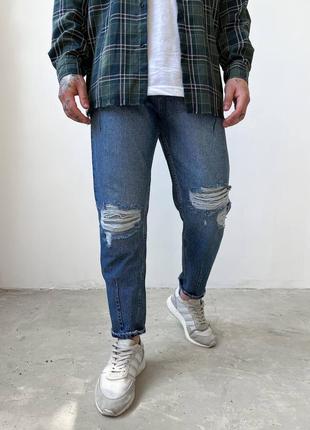 Розпродаж стильні чоловічі джинси мом в синьому кольорі з рваними колінами2 фото