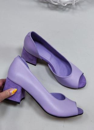 Фіолетові туфлі з відкритим носком натуральна шкіра замш ❣️ фіолетові туыли з відкритим носком шкіра замш
