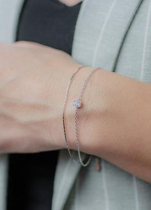 Браслет срібний подвійною з великим каменем, браслет з двох різних ланцюжків, срібло 925 проби, довжина 16+3 см