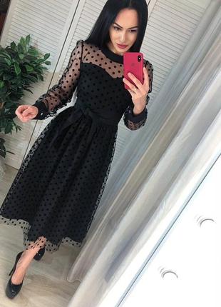 Чорна сукня, довжина міді, з поясом, із сітки в горошок1 фото
