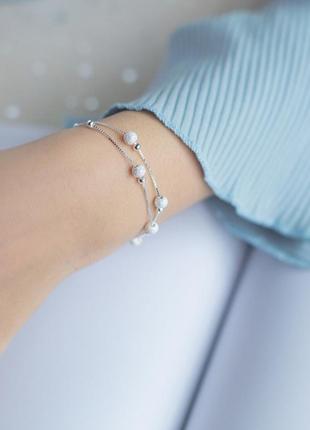Браслет серебряный двойной с бусинами, тонкий браслет на ручку из двух цепочек, серебро 925 пробы, 16+4 см