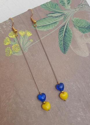 Сережки жовто блакит серця hand made ланцюг бижут золот бохо етно україна прапор прапор україна сереб ланцюг тренд лаконич патріот