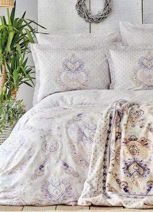 Набор постельное белье евро с пледом karaca home - estella lila лиловый євро комплект постільної білизни + плед