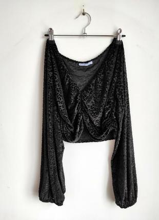 Зара топ чорний zara бархатний оксамит топік топік жіночий чорний з довгим рукавом кльош ліхтарик чорний оксамитовий