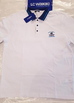 Мужское поло белое lc waikiki / лс вайкики с бирюзовой полоской на вороте