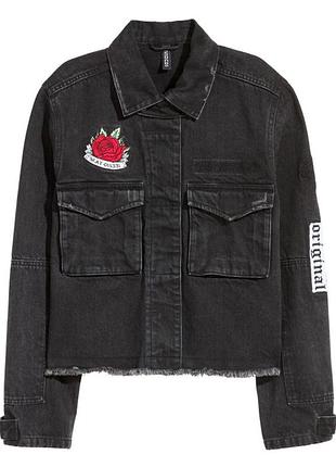 Куртка джинсова h&m чорна куртка джинсова з вишивкою нашивками