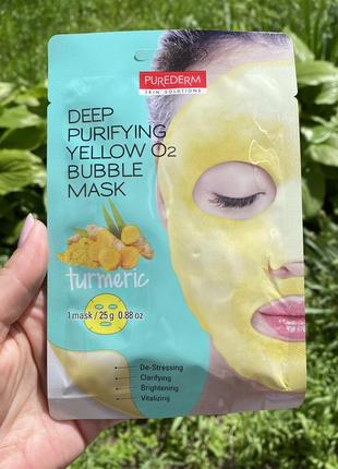 Киснева тканинна маска з екстрактом куркуми purederm deep purifying yellow o2 bubble mask к. 103171 фото