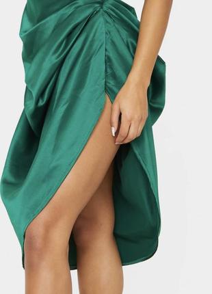 💚изумрудная сатиновая юбка миди со сборками сбоку/тёмно зелёная симметричная юбка/нефритовая юбка💚10 фото
