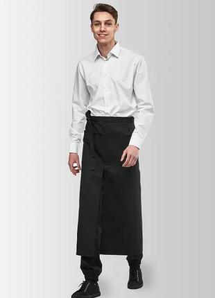 Акція розпродаж уніформа 3 в 1 для офіціанта, кухаря, бармена унісекс сорочка чорна біла довгий фартух з кишенями і розрізом комплект костюм