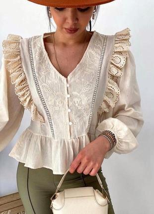 Блуза з вишивкою і мереживом 🤍1 фото