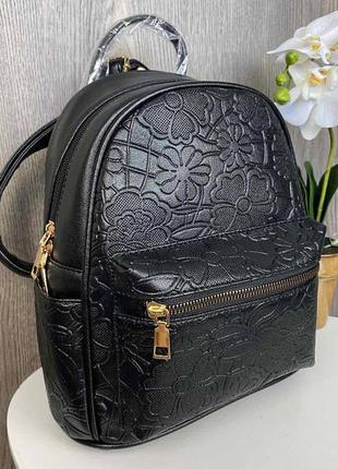 Женский городской рюкзак с цветами экокожа черный. модный качественный рюкзачок для девушек3 фото