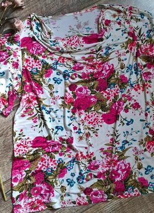 Яркая цветочная блуза с розами/летняя/струящаяся ткань/не парит-l-xl