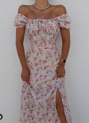 Сукня міді в квітах, жіночна, ніжна, романтична, в квітковий принт, блакитна, бежева