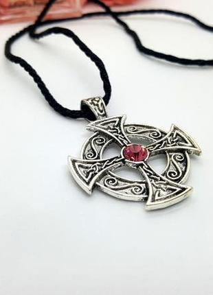 ✝️🌸 кулон амулет "кельтский крест с розовым кристаллом на шнурке5 фото