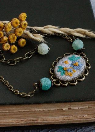 Блакитний зелений браслет з агатами браслет з натуральних каменів з квітами українські прикраси1 фото