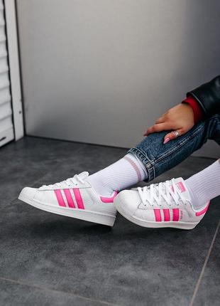 Круті яскраві білі з рожевим кеди adidas superstar white pink9 фото