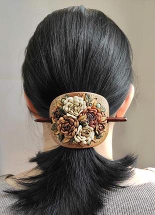 Квіткова шпилька для волосся з натуральної шкіри з змійовиком8 фото