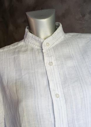 Мужская льняная укороченная рубашка с воротником стоечкой2 фото