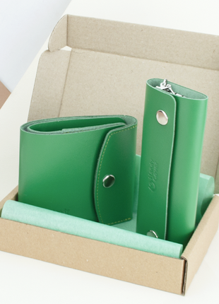 Подарунковий набір жіночий №48 (зелений) гаманець і ключниця2 фото