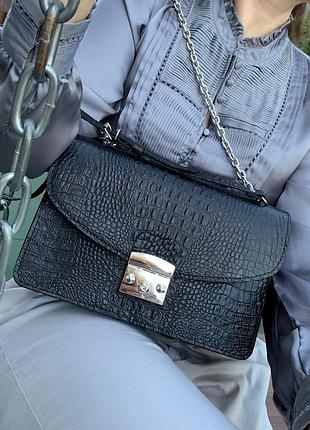 Сумка женская натуральная кожа, черная под крокодила 7818