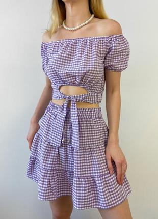 Літній лавандовий костюм топ та спідниця в клітинку2 фото
