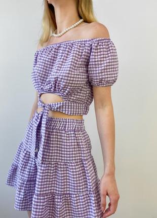 Літній лавандовий костюм топ та спідниця в клітинку3 фото