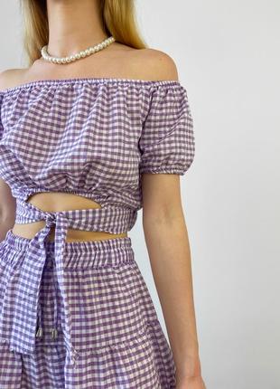 Літній лавандовий костюм топ та спідниця в клітинку5 фото