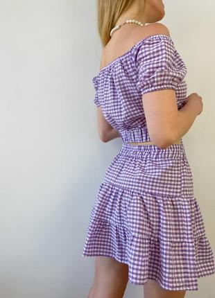Літній лавандовий костюм топ та спідниця в клітинку10 фото