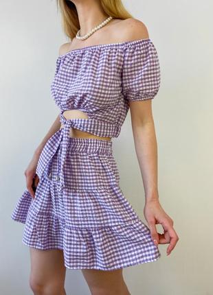 Літній лавандовий костюм топ та спідниця в клітинку8 фото