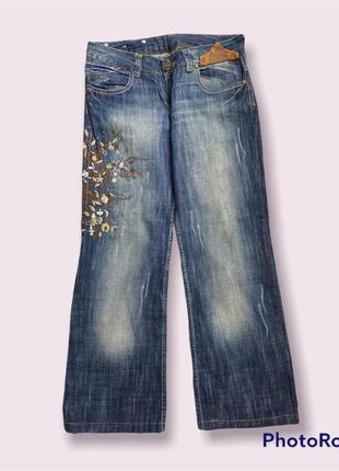 Жіночі джинси джинсові штани натуральні сині середня посадка з вишивкою стразами страйзами прямі прямого крою сині стильні модні круті1 фото