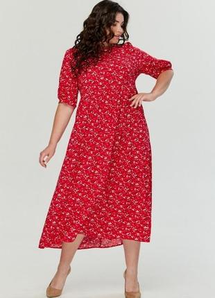 Гарна довга червона сукня з квітами бавовна хлопок великі розміри