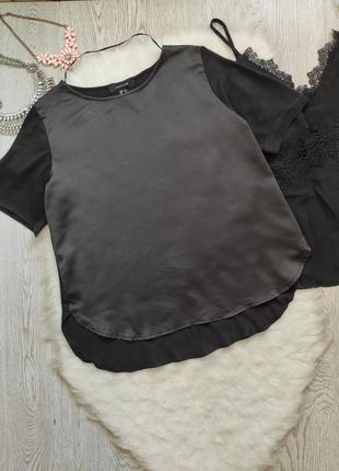 Черная блуза футболка атласная шелковая спереди стрейч спинка оверсайз обьемная под кожзам1 фото