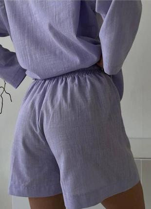 Мінімалістичний костюм з льону, шорти + сорочка, лляний комплект, оливковий, бежевий, фіолетовий10 фото