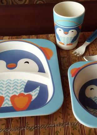 Бамбуковый набор детской эко-посуды "пингвин"украина2 фото