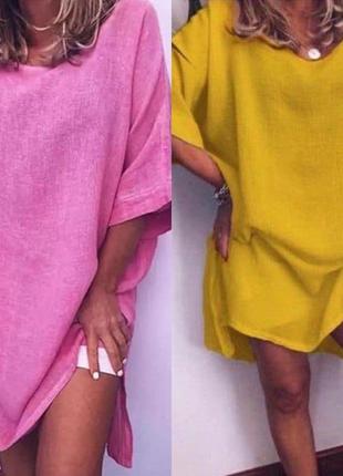 Туника льняная с разрезами легкая свободная футболка однотонное платьице короткое лен легкое 50164