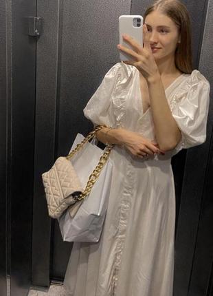 Zara в наявності жіноча біле міді максі плаття довге розмір xs/s з рюшами з обьемными рукавами рукавами-ліхтариками від zara