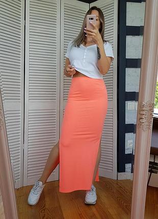 Юбка макси оранжевый неон с боковыми разрезами