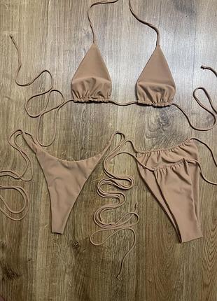 Купальник трійка,купальник бікіні,коричневий купальник,купальник з довгими шнурками