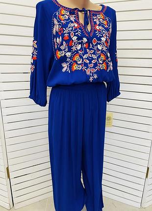 Розкішний натуральний комбінезон з вишивкою вишиванка бохо з кишенями