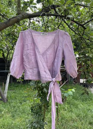 Бузкова блуза топ з льону на запах