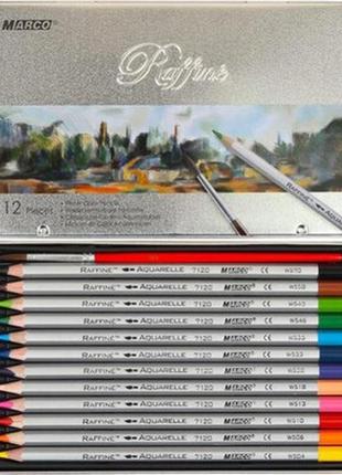 Набір кольорових олівців, з пензликом, marco raffine акварельні 12 кольорів металева коробка